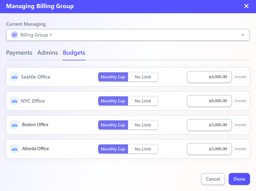 Per-account budgets — set each account's Monthly Cap or No Limit, shown live against remaining balance