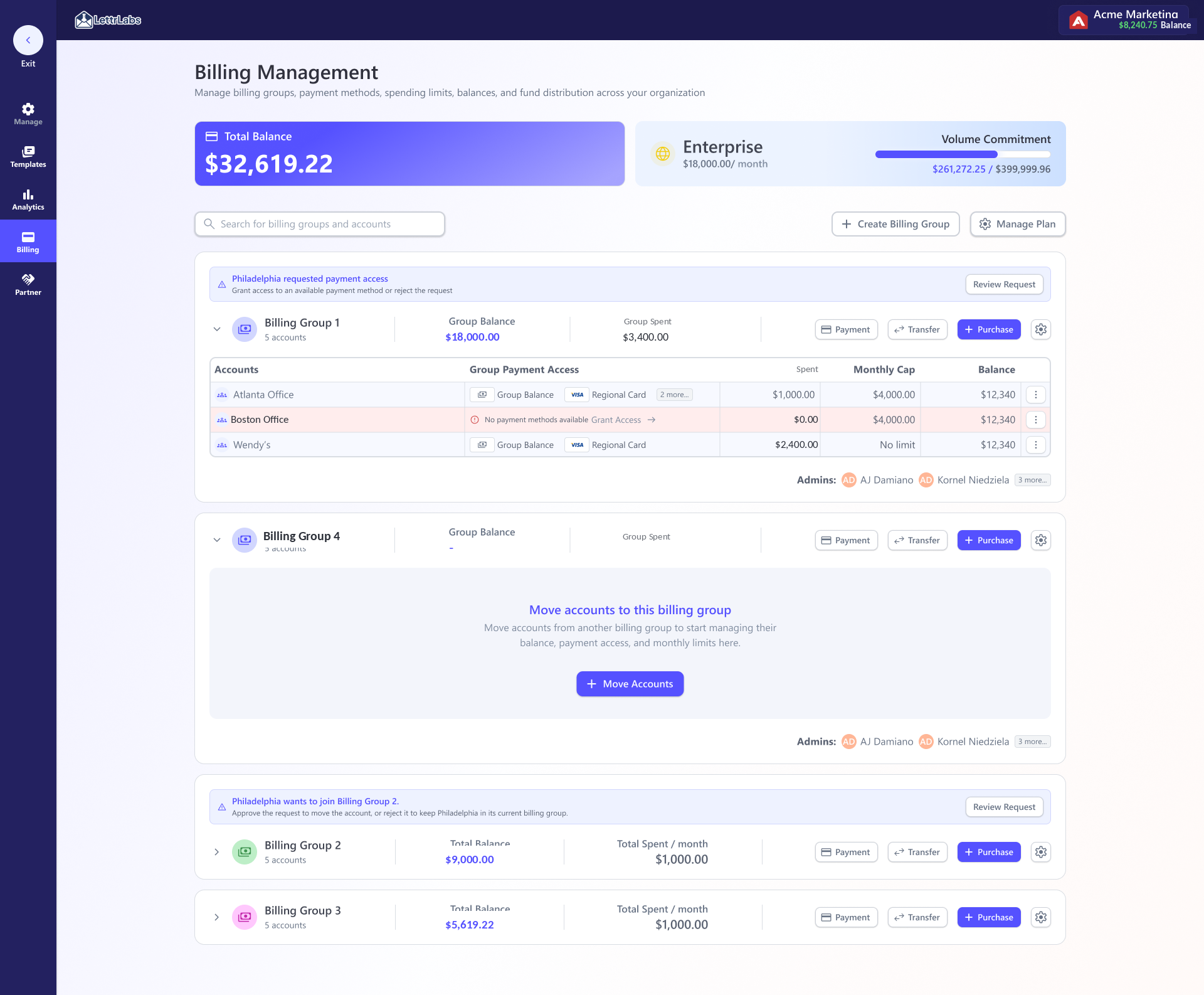 Billing management overview — enterprise balance, billing groups, account access, and payment controls in one surface