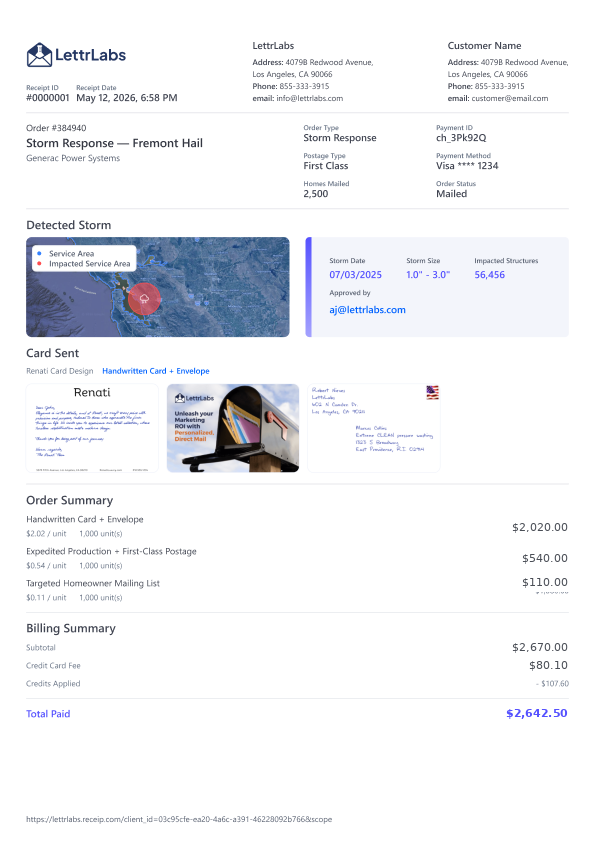 Itemized receipt — order, postage, mailing list, credits, and total paid, exportable so finance can reconcile without leaving the product