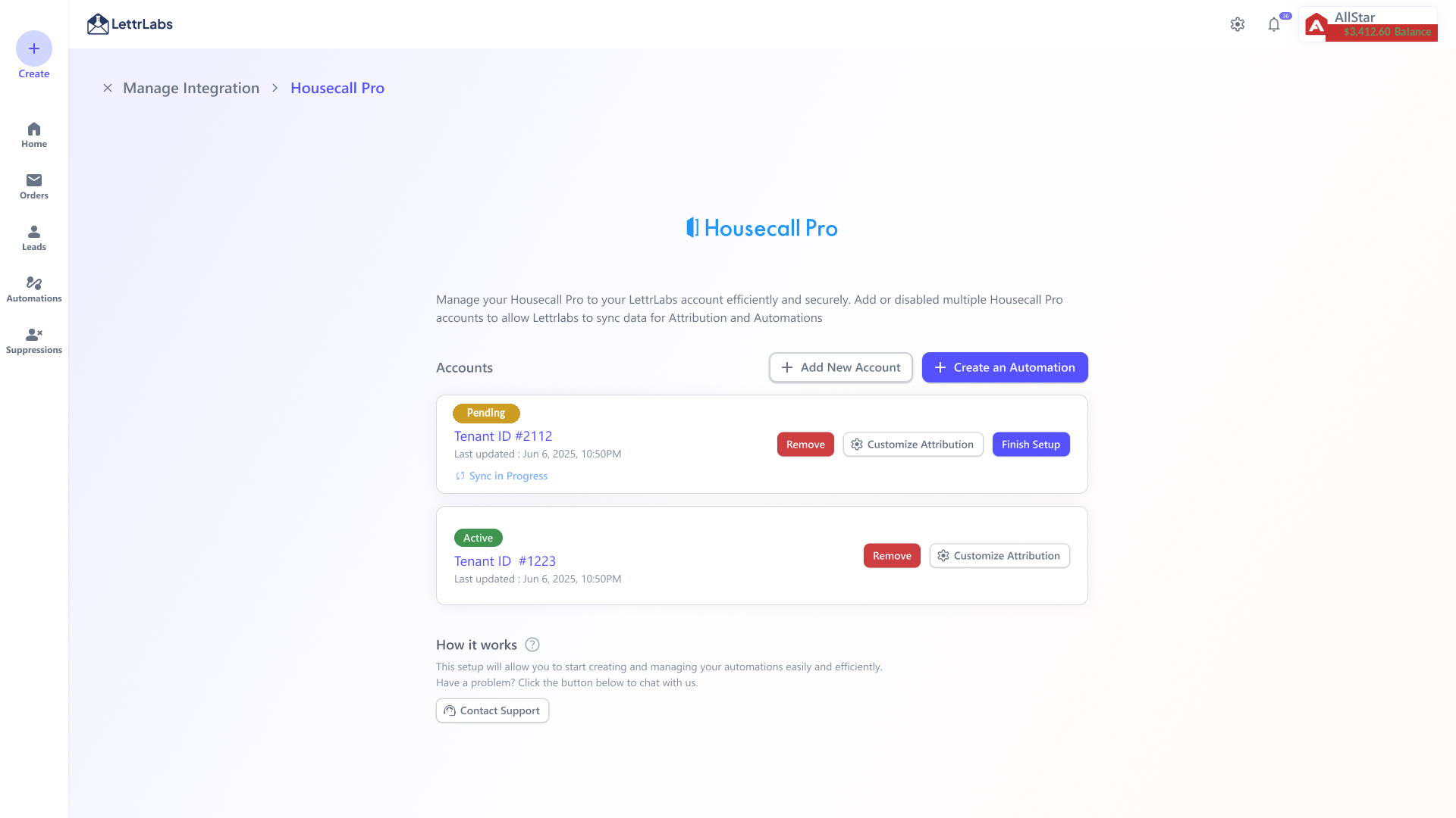 Manage Integration: connected accounts with active status, sync progress, finish setup, and remove