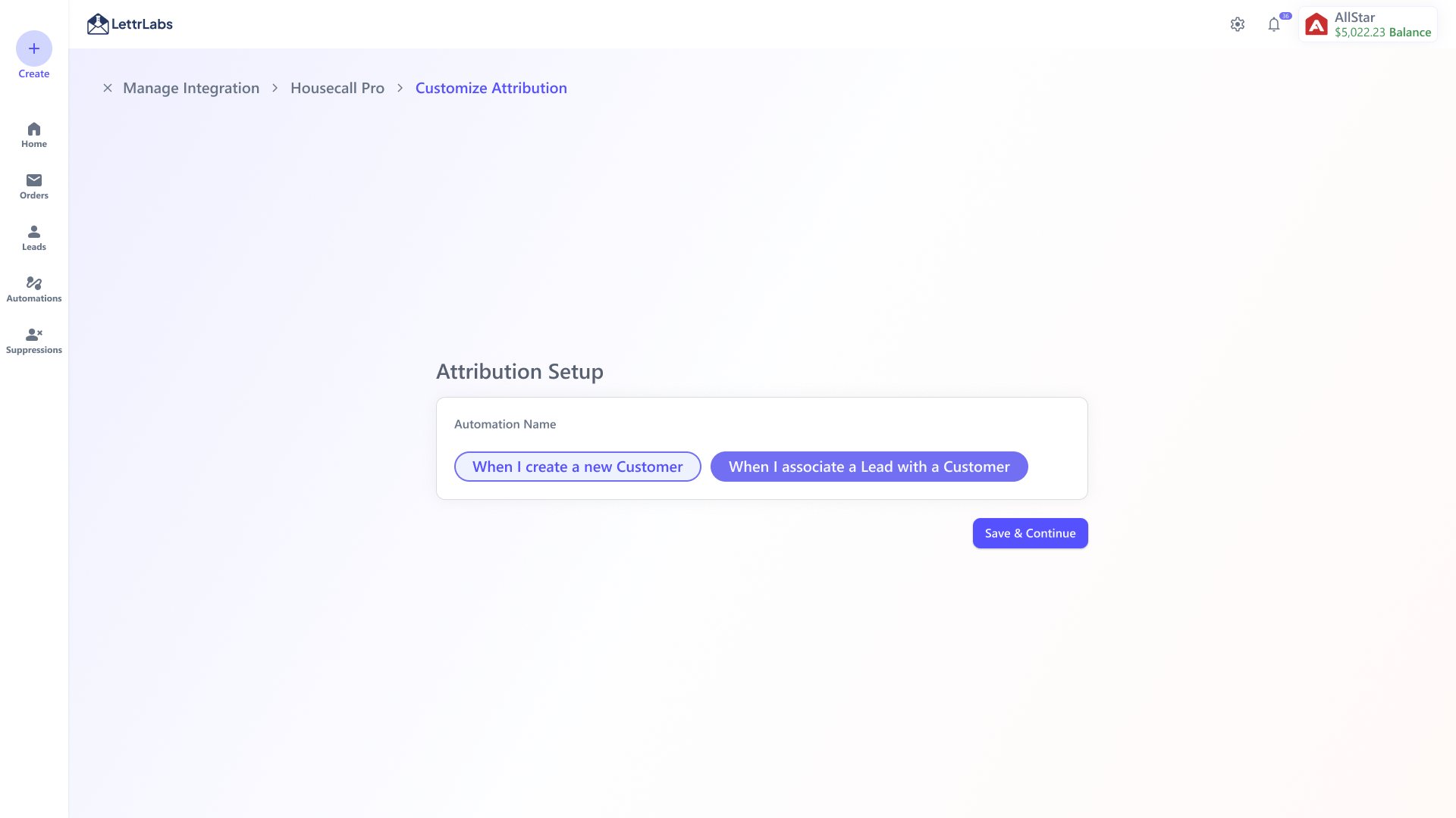 Attribution setup: name the automation and pick a trigger before saving