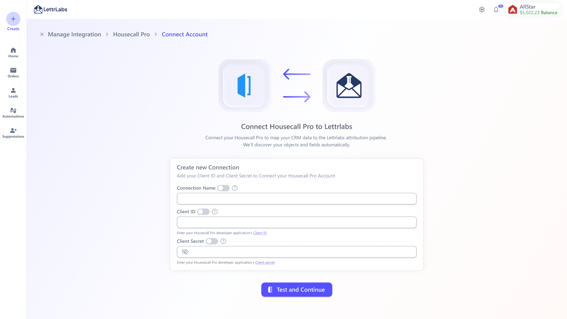 Connect Housecall Pro: connection name, client ID, client secret, test and continue