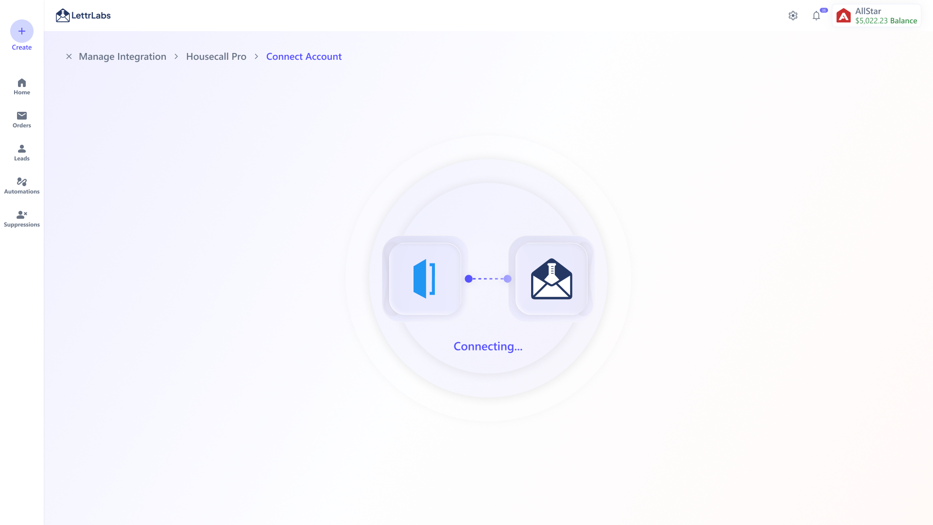 Connecting loading state while credentials are validated and objects discovered