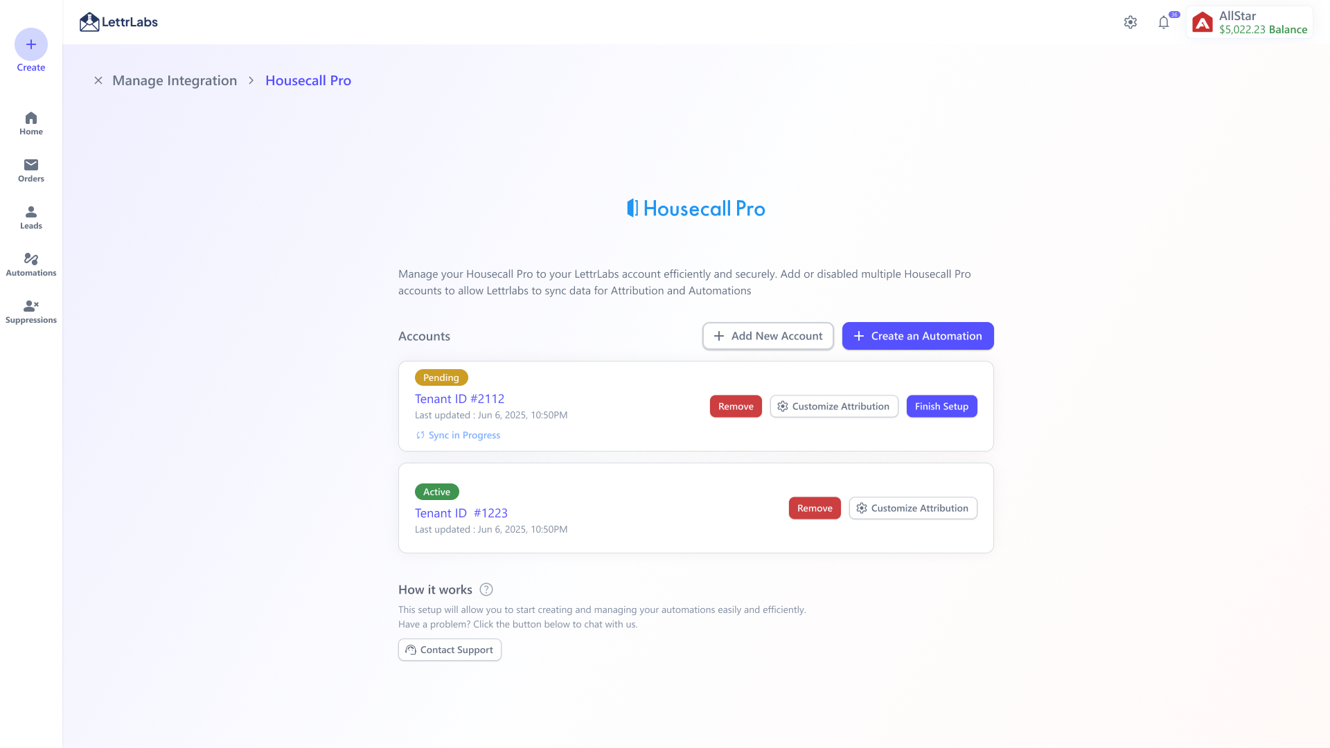 Manage Integration screen for Housecall Pro—connected accounts with Pending and Active status, sync details, Add New Account, Create an Automation, and Customize Attribution actions