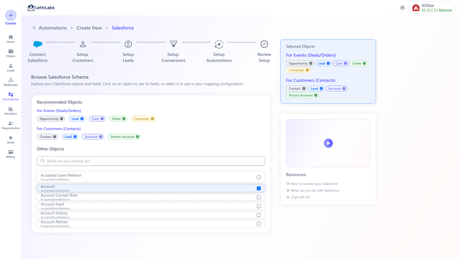 V1: browse the Salesforce schema and pick objects