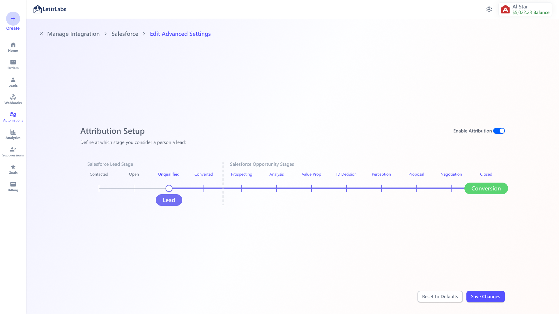 Explored, not shipped: a single slider maps Salesforce lead and opportunity stages to Lead and Conversion