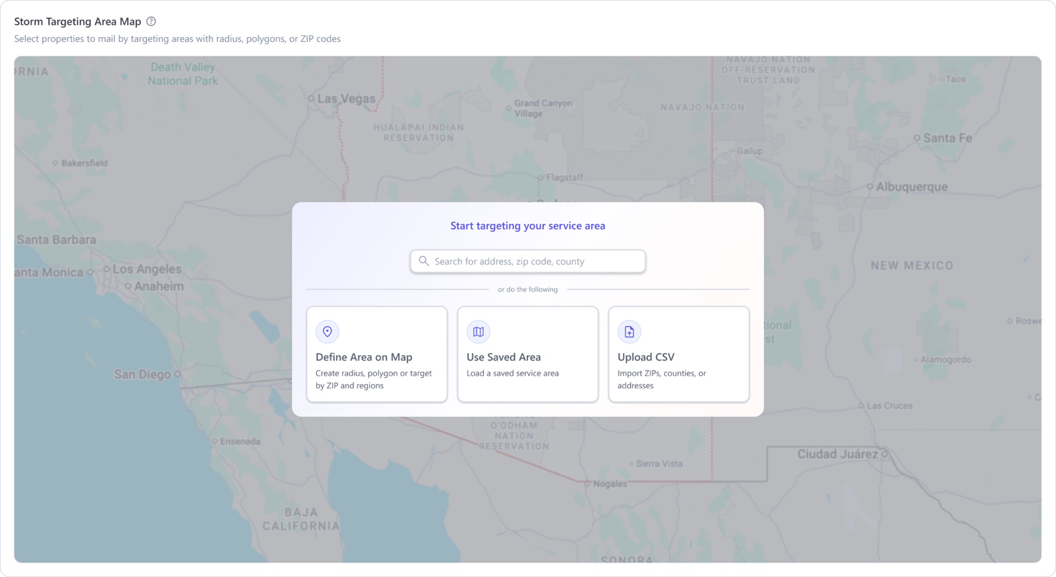 Initial task-first map concept with search, define area, saved area, and upload CSV cards.