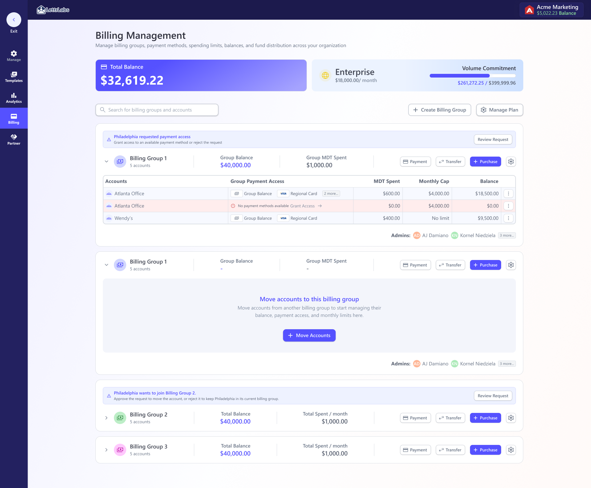 Billing Management overview showing group balances, payment access, monthly caps, and account moves
