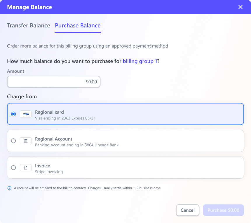 Purchase balance — add funds using a card, bank account, or invoice