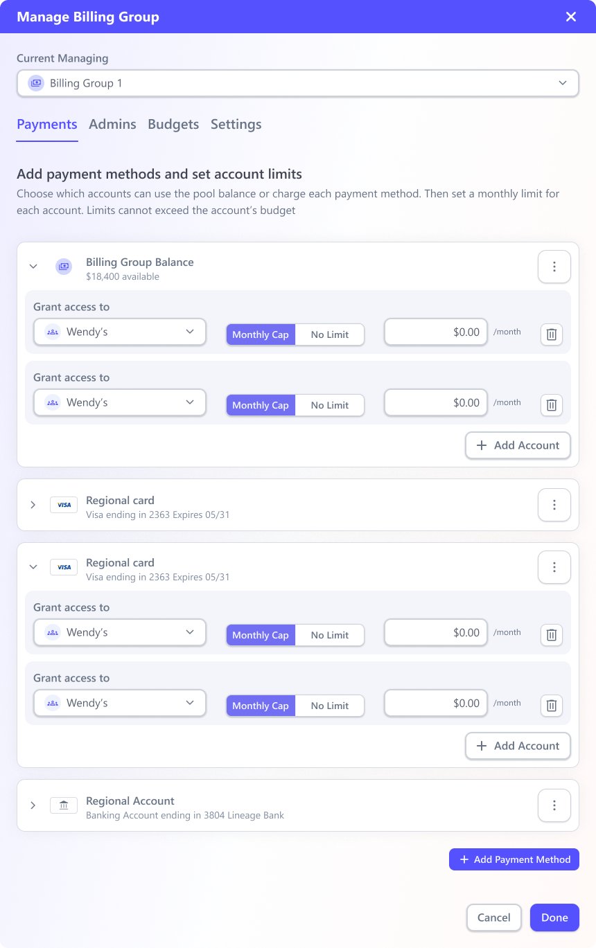 Manage Billing Group — grant accounts pooled balance or a card and set monthly caps across Payments, Admins, Budgets, and Settings