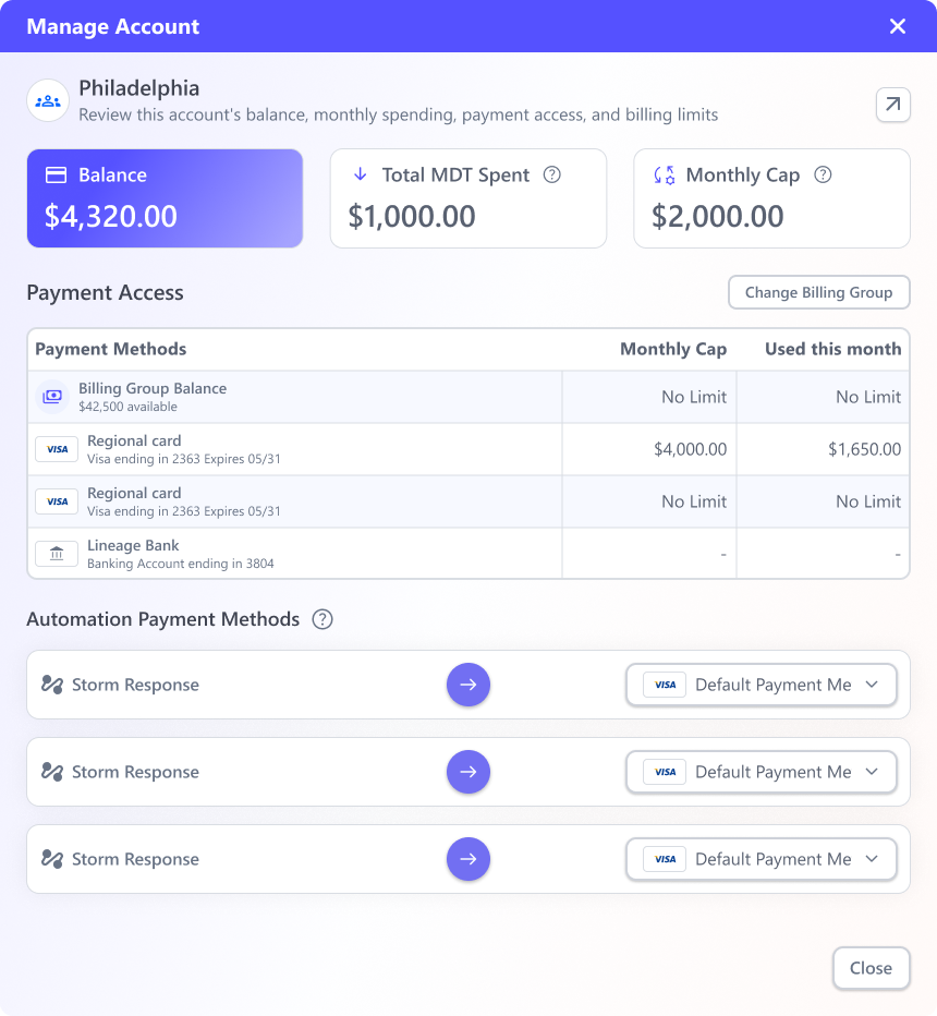 Manage account — balance, total spent, monthly cap, payment access, and automation-specific payment routing
