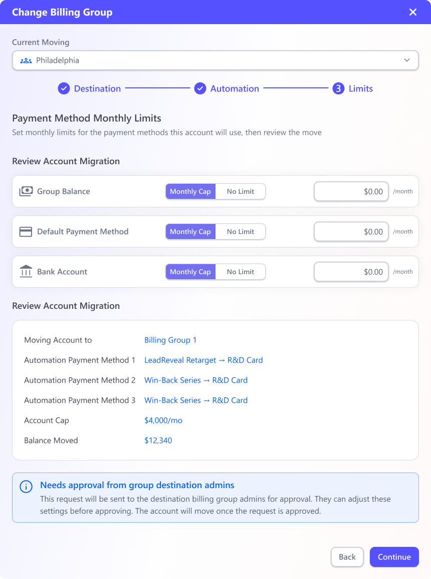 Migrate an account to another billing group with guided destination, automation routing, and payment-method limits