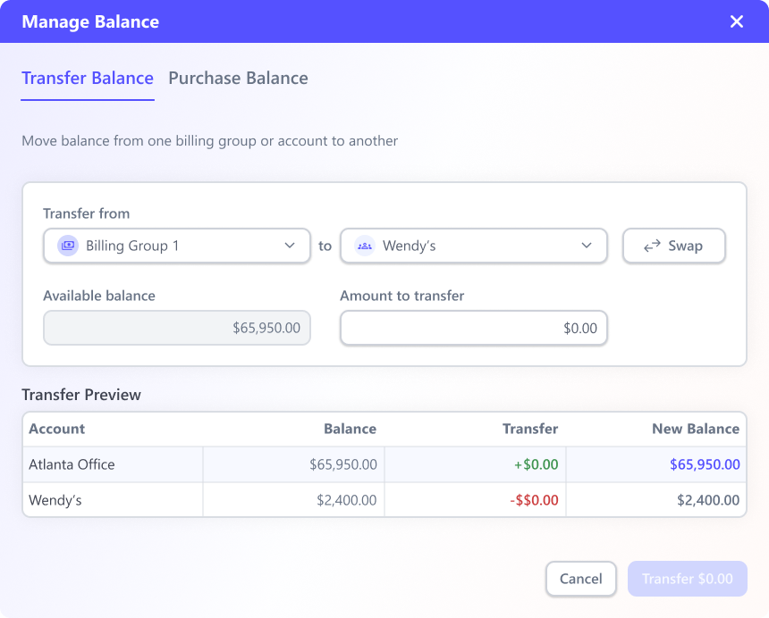 Transfer balance between a billing group and an account, with a preview reconciling both new balances before confirmation