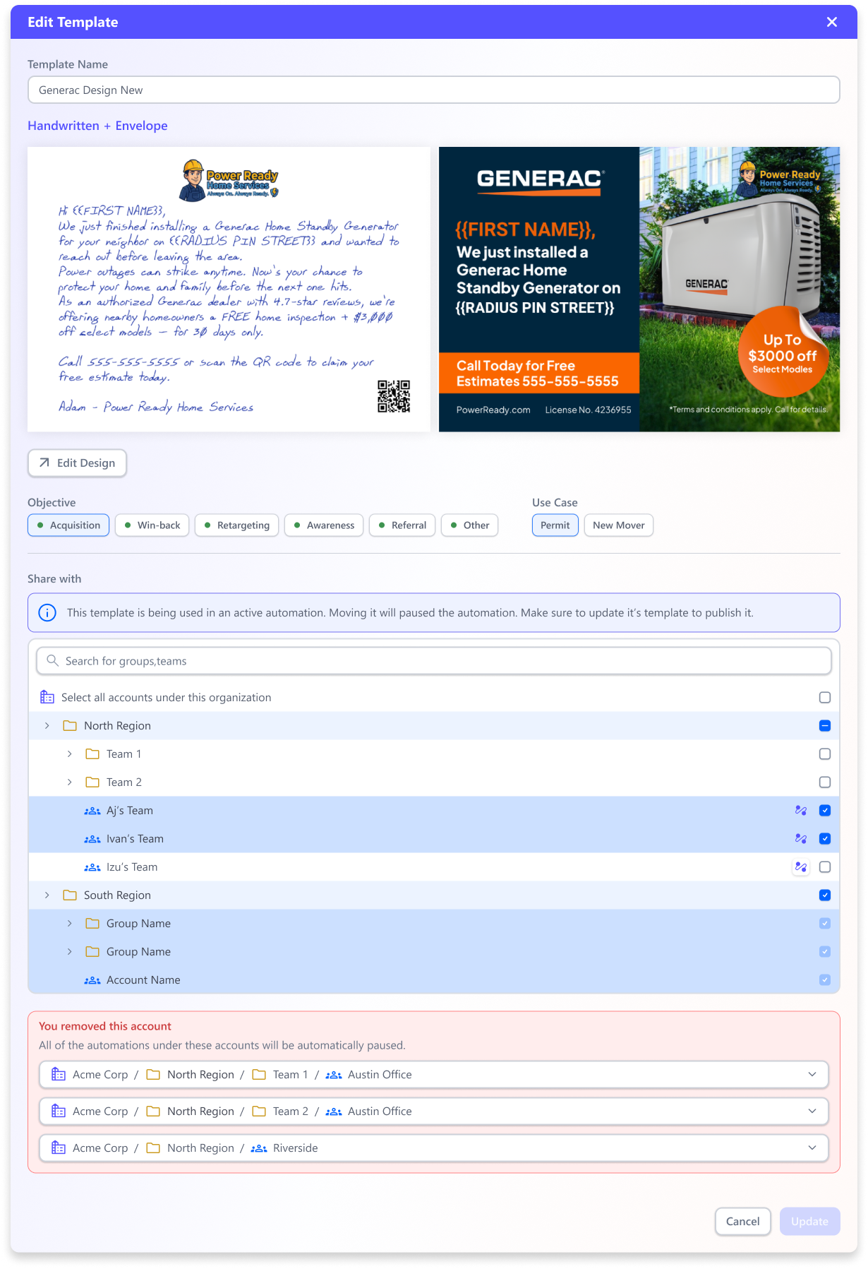 Edit template scope tree — choose which groups a template reaches and surface the automations affected by a removed account