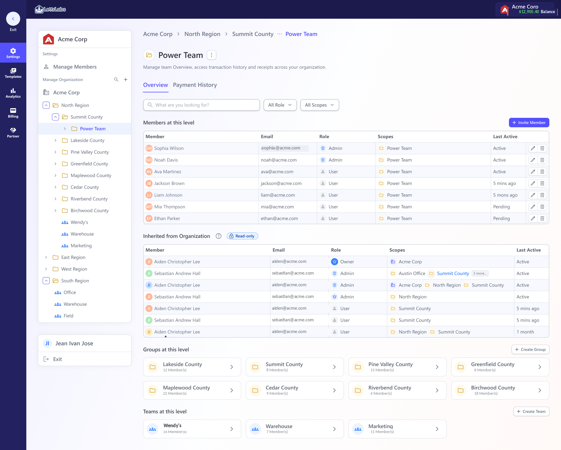Manage members with org tree, roles, and the nested scope selector