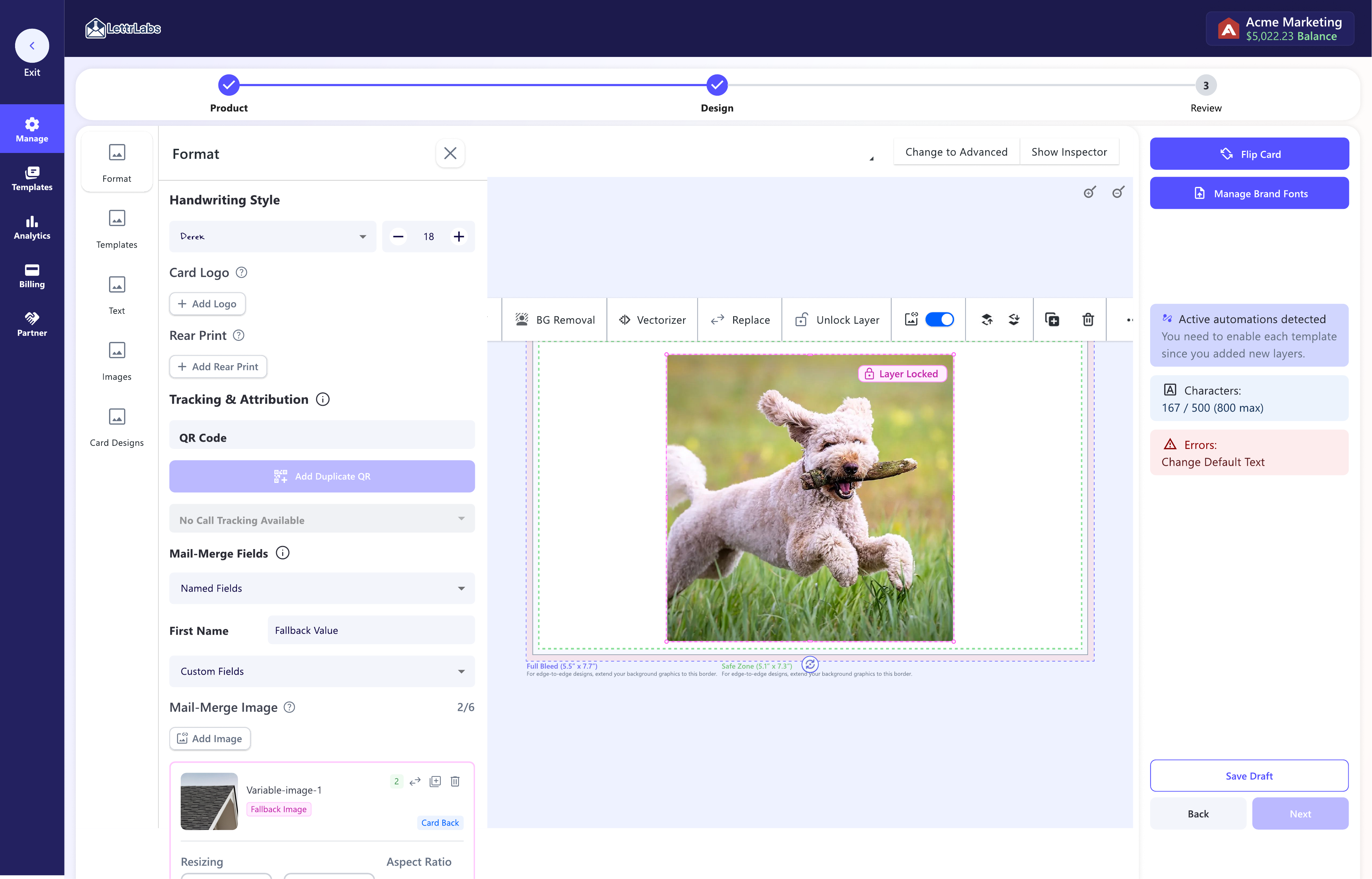 A locked mail-merge variable image — personalization stays, layout is fixed