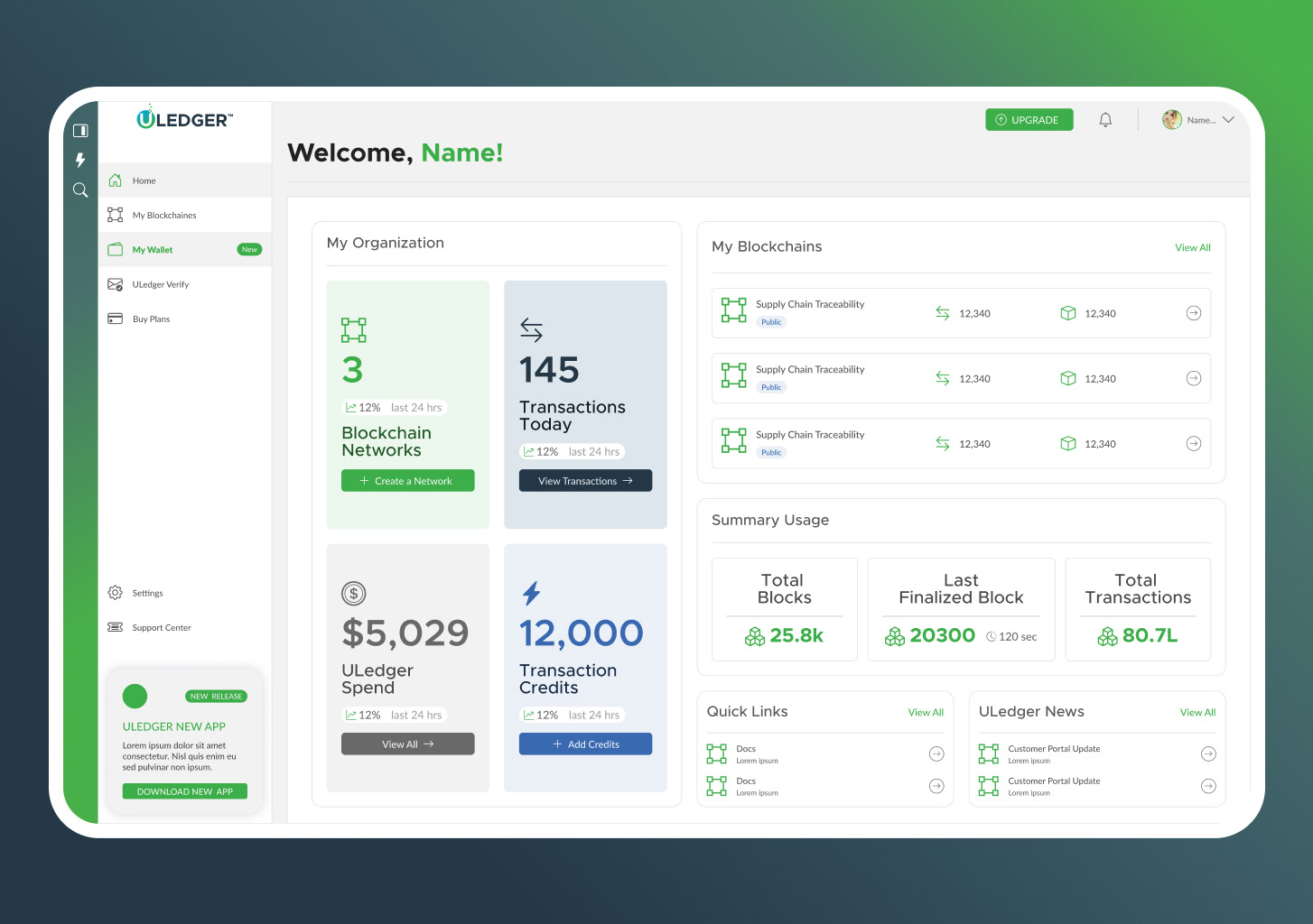 ULedgerNet blockchain explorer — the "Maximum data integrity using blockchain" dashboard and web3 product suite