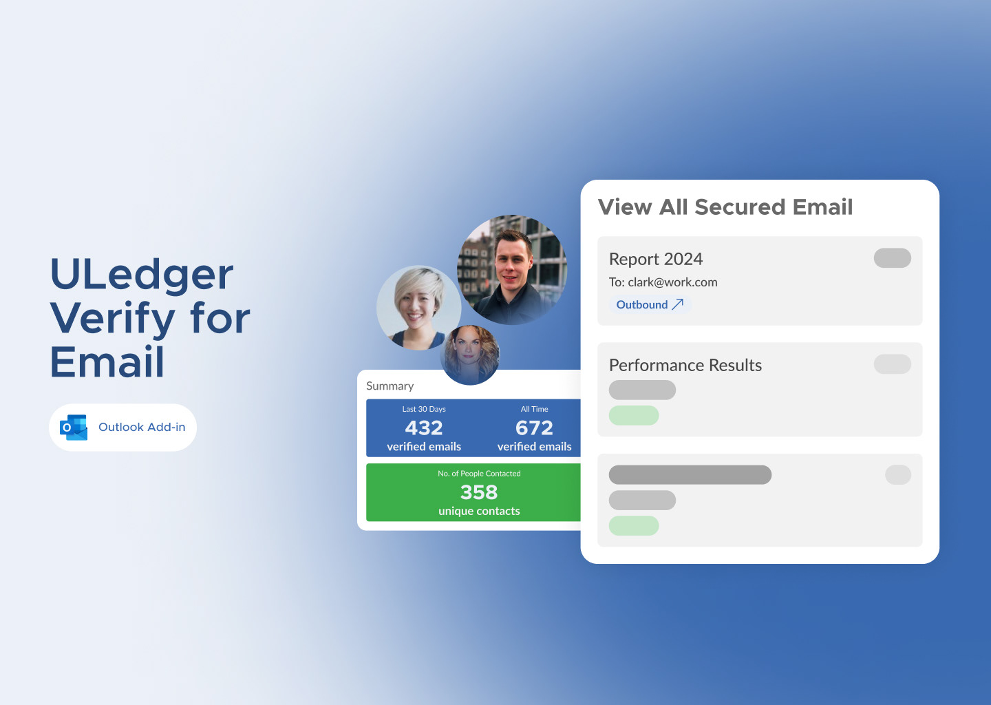 Uledger Verify for Email — the "Is your inbox verified?" product screen for blockchain-backed email authentication